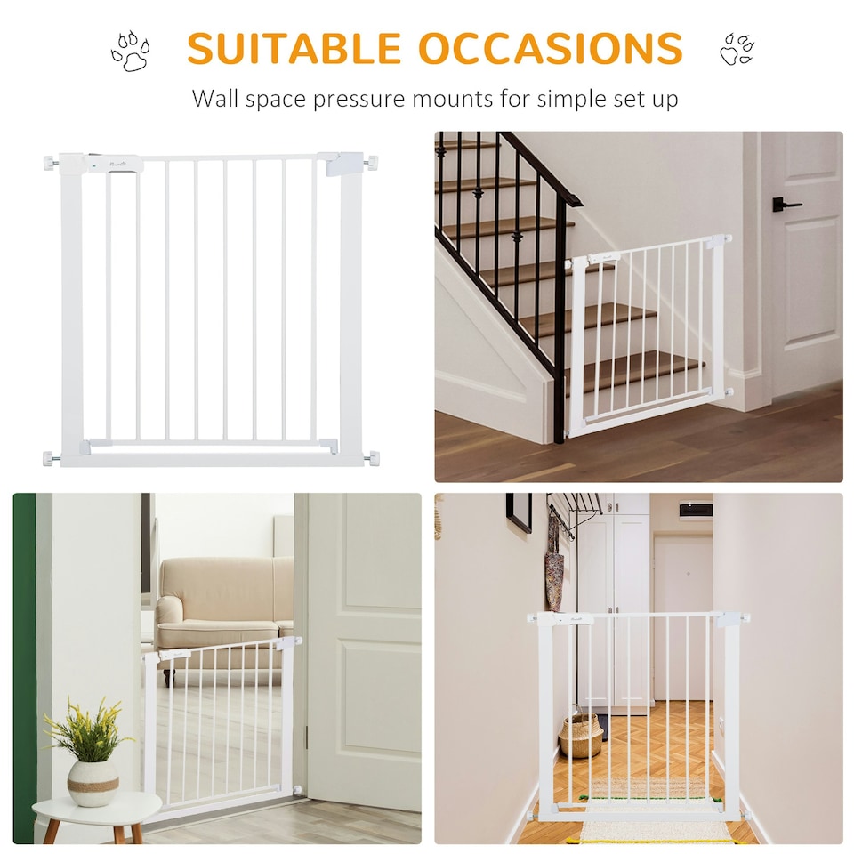 image 1 of Pawhut Pet Safety Gate Door Barrier Dog Metal Indoor Fence White 75-82cm