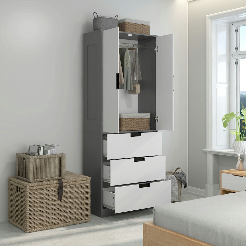 image 1 of HOMCOM 2 Door Wardrobe Modern Wardrobe with 3 Drawer and Hanging Rod, Grey