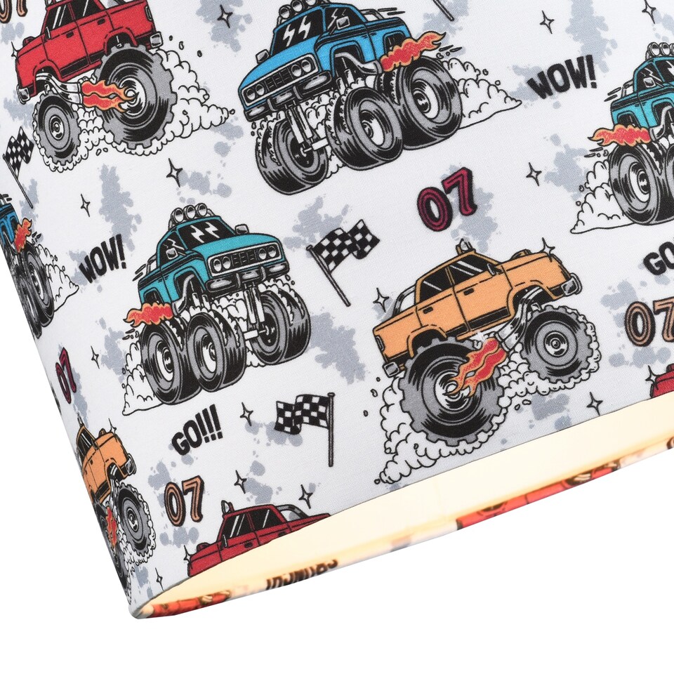 image 1 of Modern and Colourful Monster Trucks Kids Cotton Fabric Drum Lamp Shade - 25cm | Multi | 10"