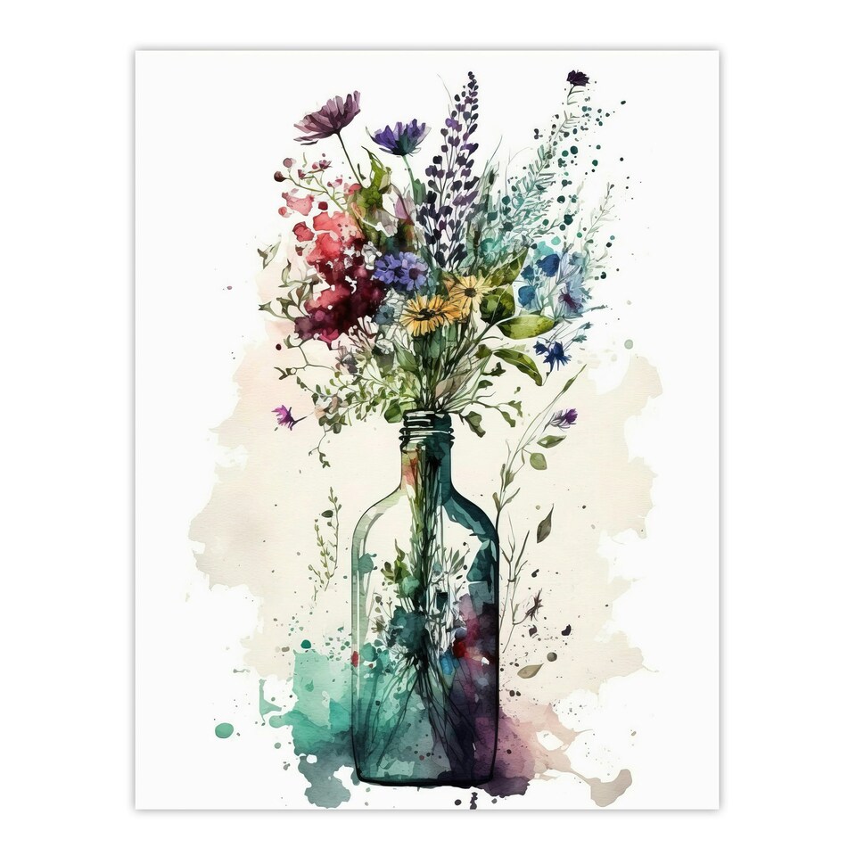 image 1 of Elegant Wildflower Bouquet Glass Bottle Vase Black Framed Wall Art Print A4
