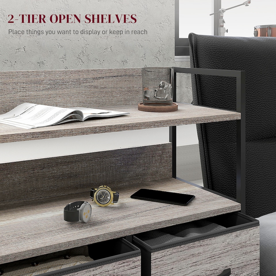 image 1 of HOMCOM Bedroom Chest of Drawers, Fabric Dresser with 5 Drawers, Storage Organiser Unit with Open Shelves and Metal Frame for Living Room, Entryway, Grey Wood Effect