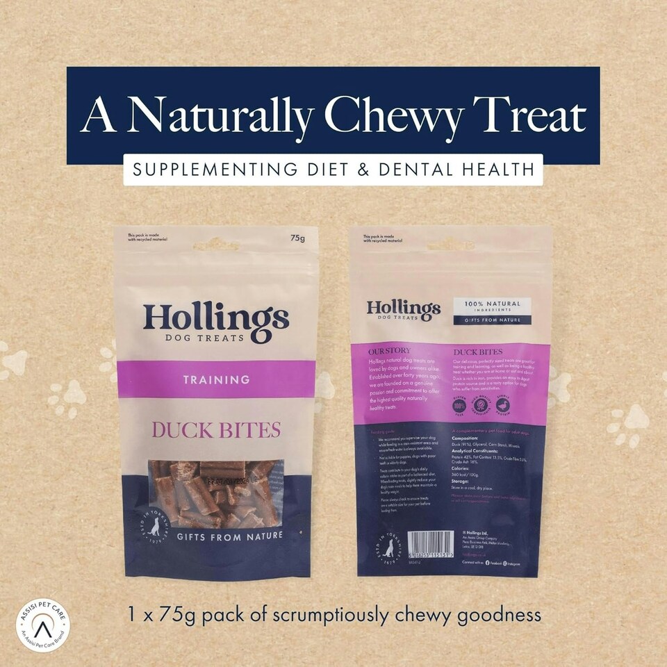 image 1 of Hollings Duck Bites Dog Training Treats, Delicious Duck Treats for Adult Dogs, High in Protein & Made with 100% Natural Ingredients (75g)