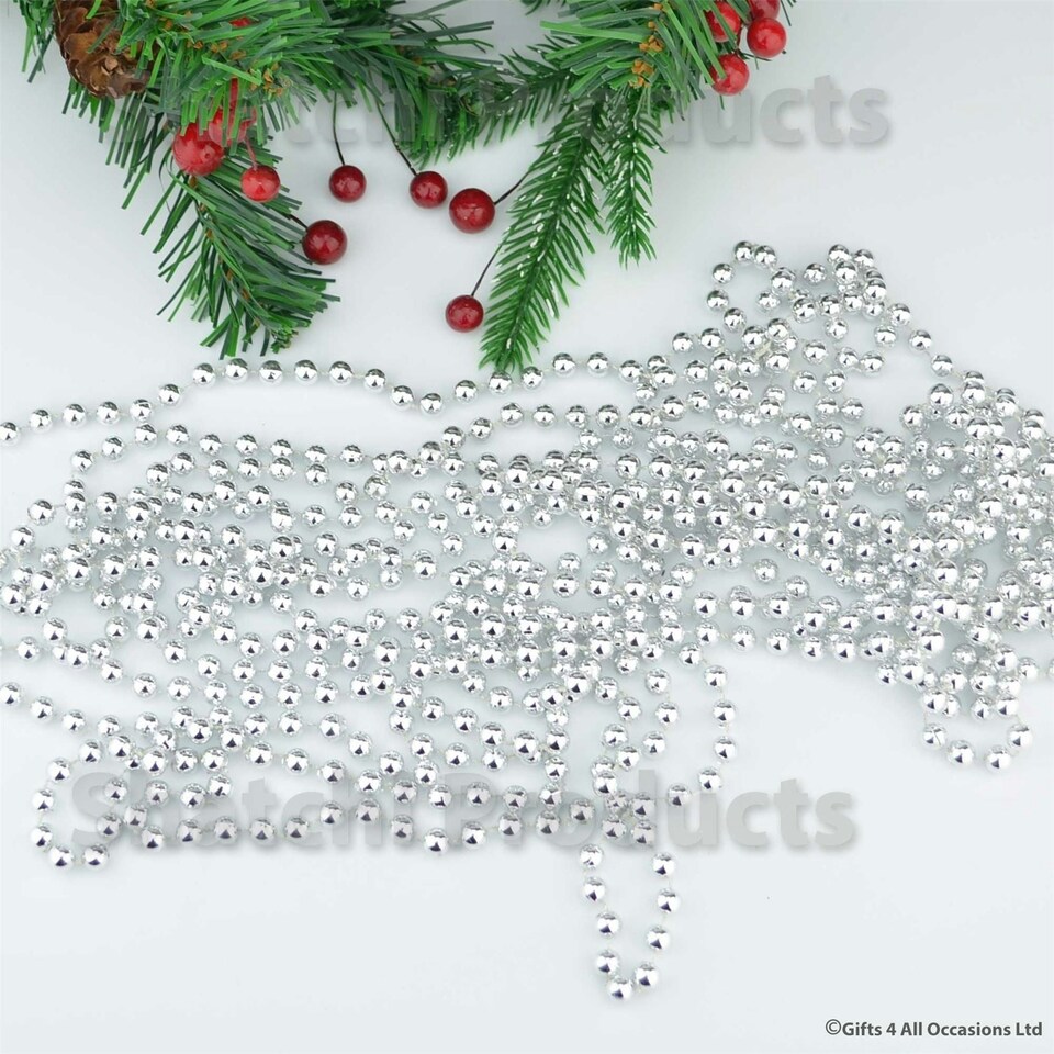 image 1 of Silver Shiny Christmas Bead Chain Metallic Beaded Garland Artificial Pearls Tinsel For Christmas Tree Hanging Decorations