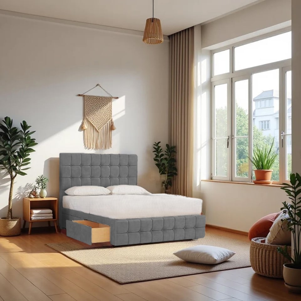 image 1 of Munic Plush Bed Set With Mattress, 2 Drawers Same Side & 24"Headboard