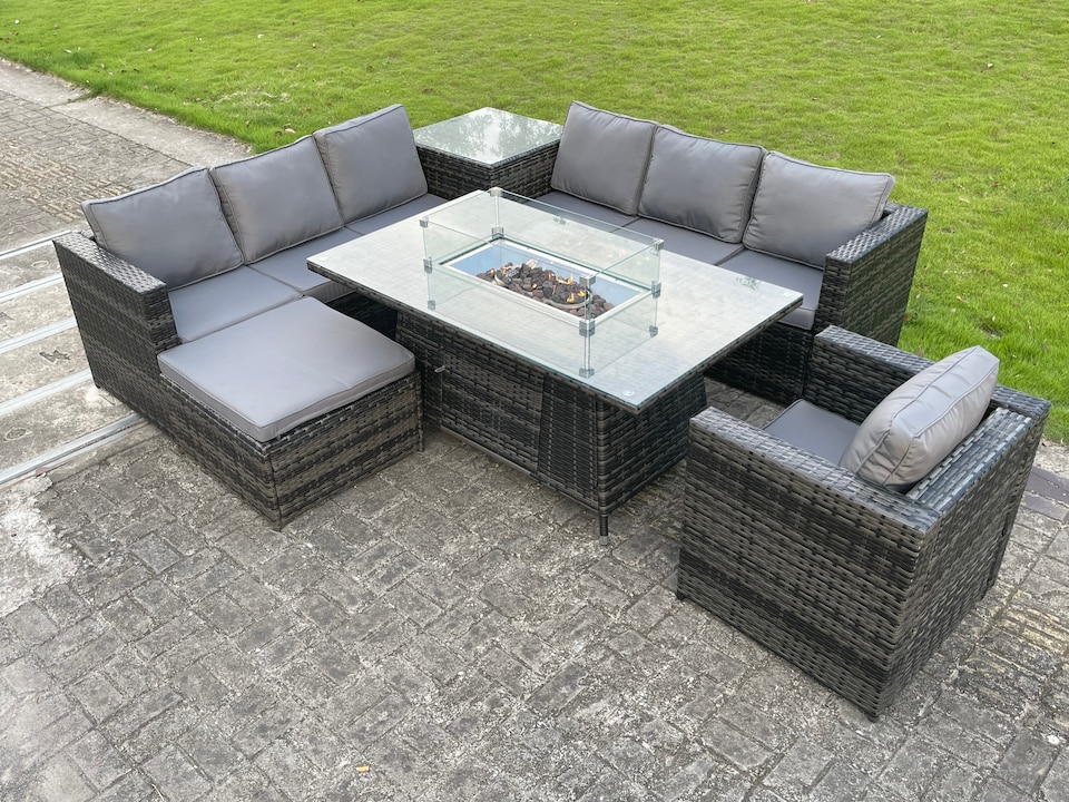 image 1 of Fimous Rattan Garden Corner Furniture Gas Fire Pit Table Dining Sets Gas Heater Lounge Chair Big Footstool Side Coffee Table