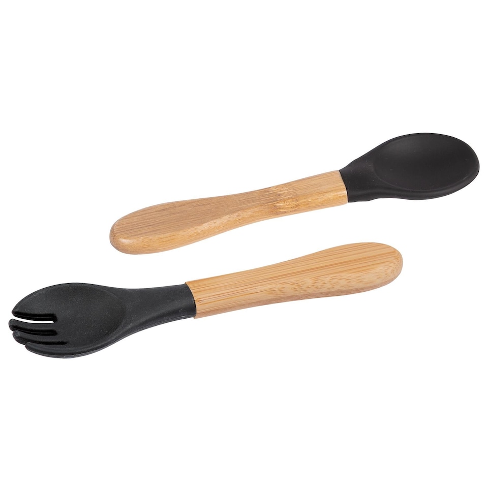 image 1 of Tiny Dining Bamboo Silicone Tip Fork & Spoon Set - Black - Children's Baby Toddler Soft Curved Feeding Weaning Cutlery