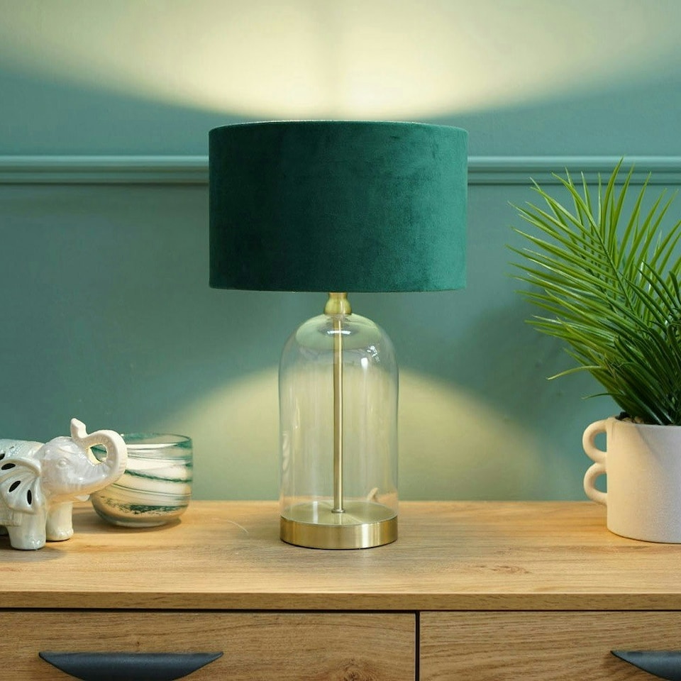 image 1 of ValueLights Jessy Glass and Gold Metal Bedside Table Lamp with a Forest Green Velvet Lampshade - Bulb Included Green