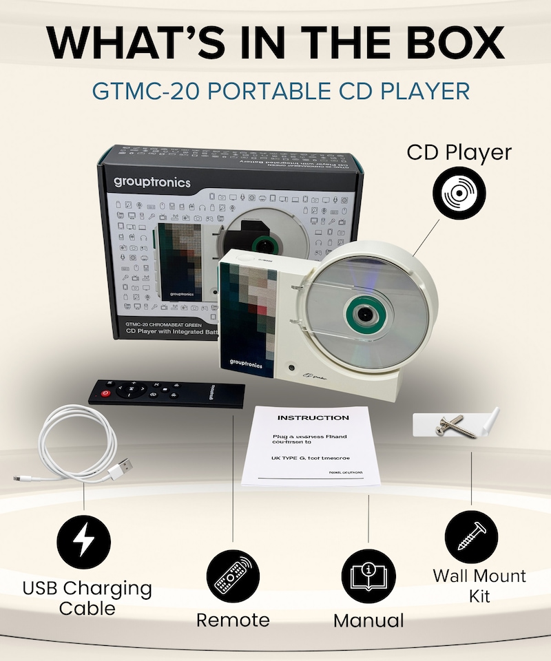 image 1 of Grouptronics GTMC-20 Portable CD Player with Bluetooth and Speakers | Small Rechargeable CD Player for Home, Kids or Elderly | Personal CD Music Player Boombox, CD Walkman