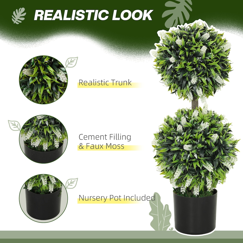 image 1 of HOMCOM Set of 2 Decorative Artificial Plants Ball Trees with Lavender Flowers in Pot Fake Plants for Home Indoor Outdoor Decor, 70cm, White