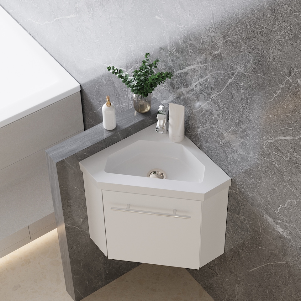 image 1 of AICA 395mm Matte White Bathroom Vanity Unit With Integrated Sink, 1 Door Soft-Close Place in the corner
