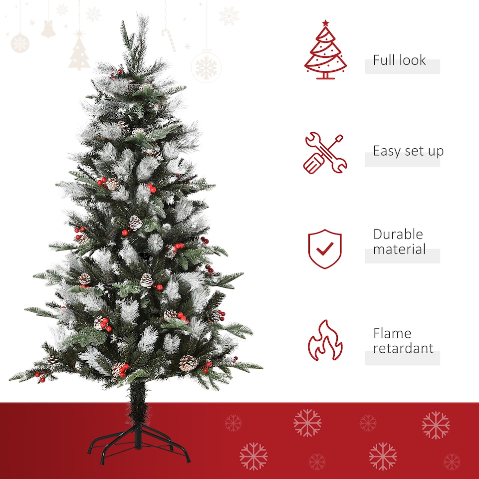 image 1 of HOMCOM 5FT Artificial Snow Dipped Christmas Tree mas Pencil Tree Holiday Home Party Decoration with Foldable Feet Red Berries White Pinecones, Green