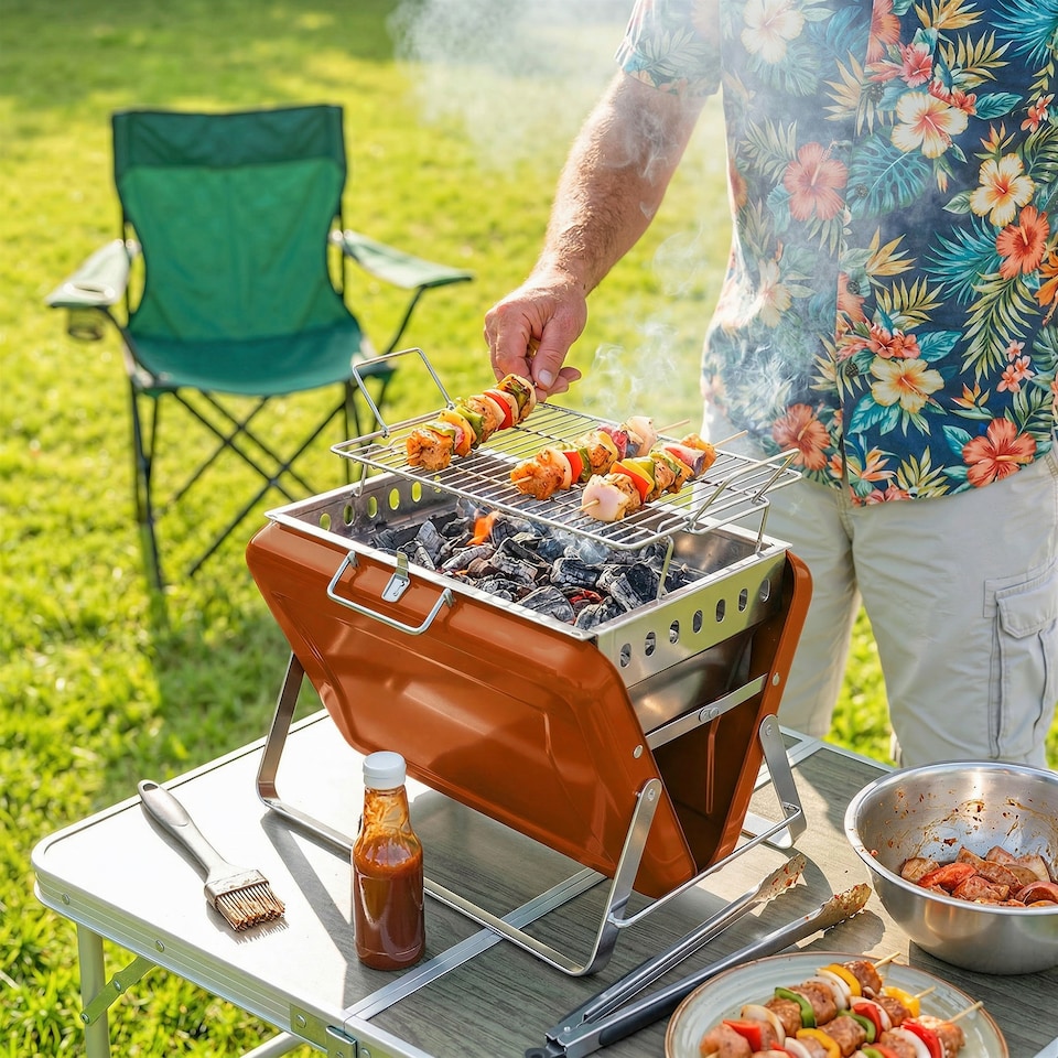 image 1 of Outsunny Charcoal BBQ Grill Portable with Tilting Grate | Orange | Black | 40 x 28 x 25.5 cm
