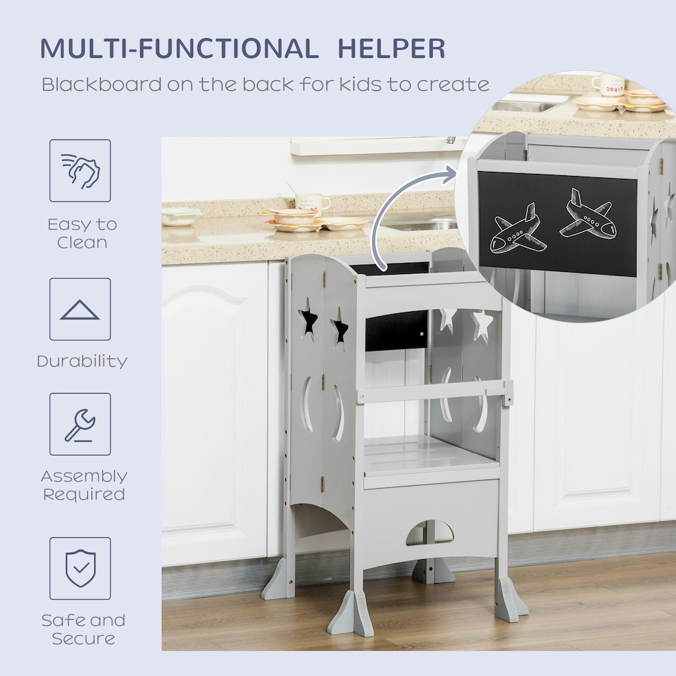 image 1 of HOMCOM Kids Step Stool Toddler Kitchen Stool with Blackboard Lockable Handrail 