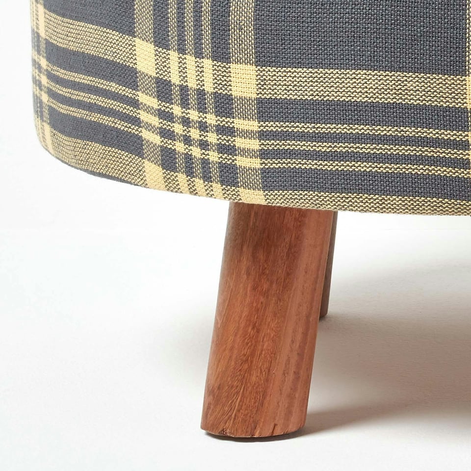 image 1 of Homescapes Grey and Yellow Tartan Fabric Flat Circular Stool with Wooden Legs | Grey | 62 x 62 x 30 cm