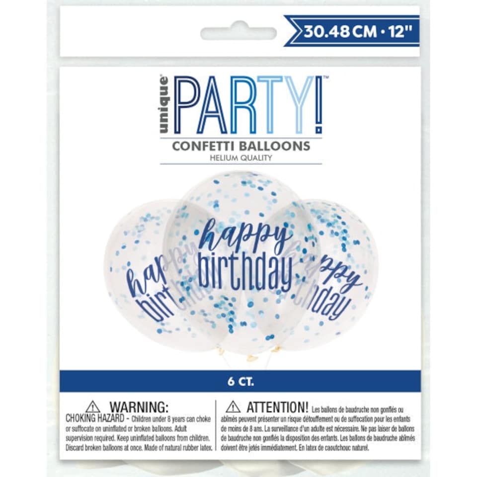 image 1 of Pack of 6 12" Clear Printed Glitz "Happy Birthday" Balloons with Confetti, Blue & Silver