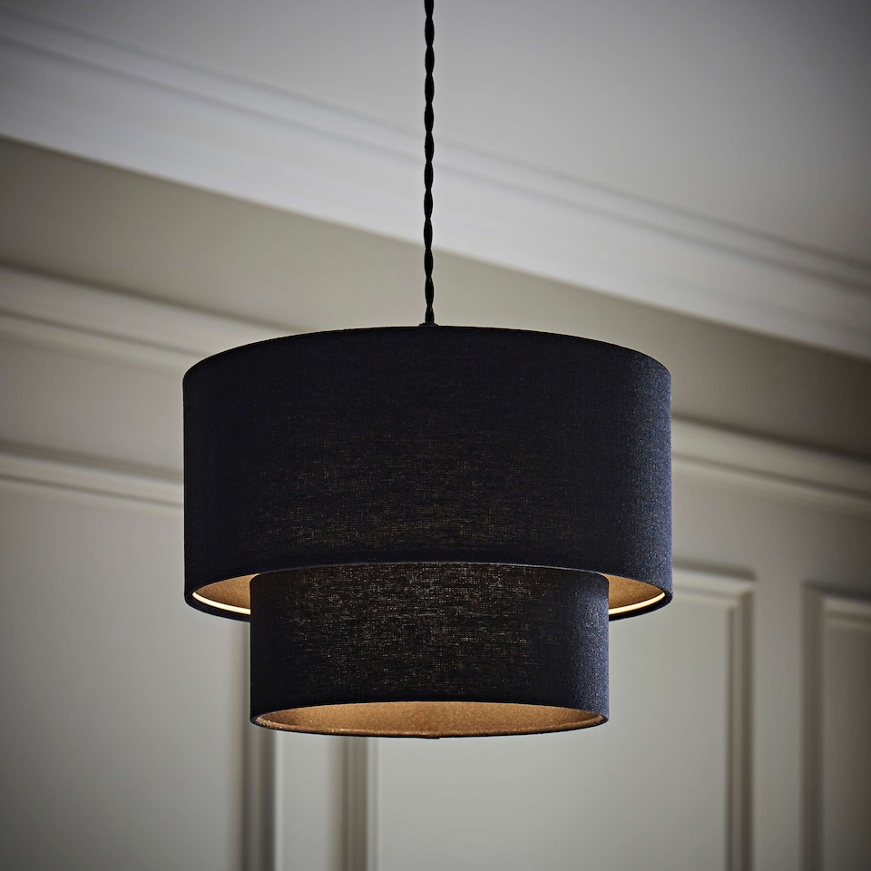 image 1 of ValueLights Jodie Two Tier Black Linen Ceiling Drum Lamp Shade | Black