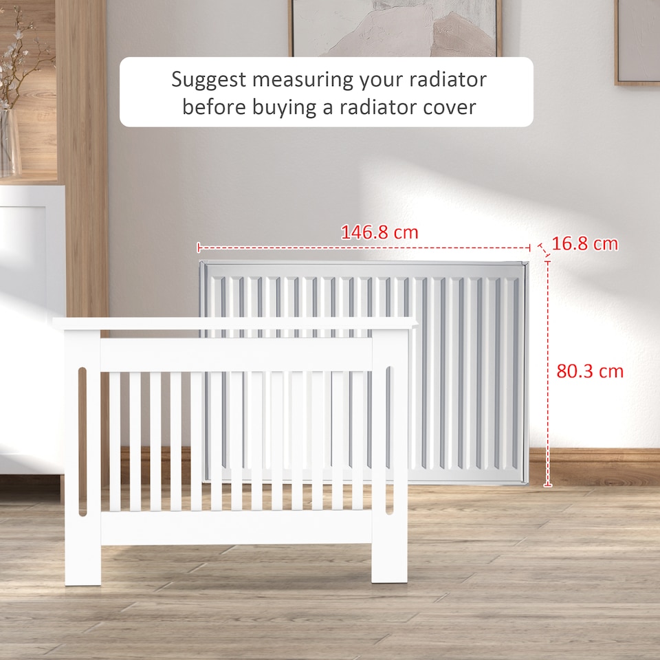 image 1 of HOMCOM Slatted Radiator Cover Painted Cabinet MDF Lined Grill in White (152L x 19W x 81H cm)
