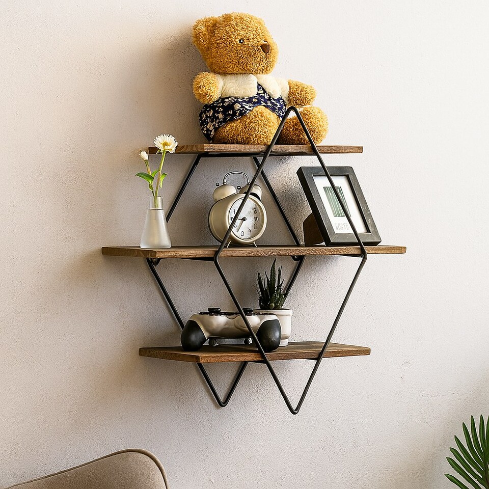 image 1 of Industrial 3 Tier Wooden Diamond Shape Floating Shelf Brown | One Size
