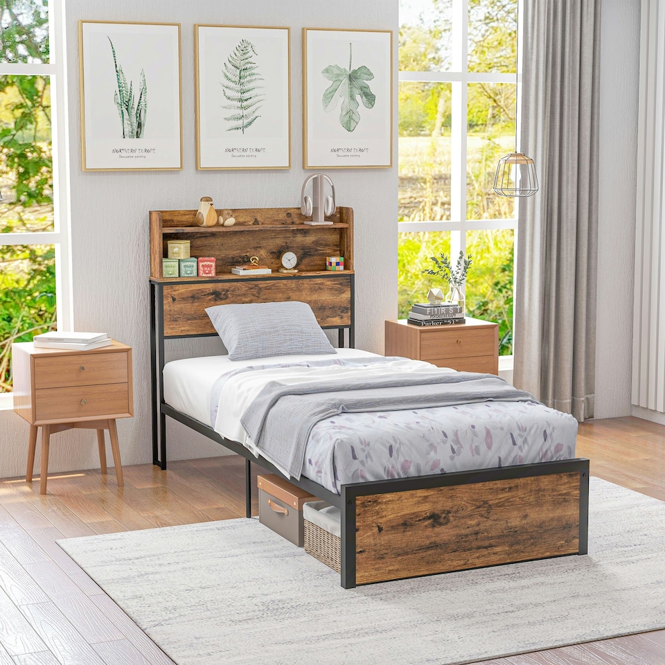 image 1 of HOMCOM 3.1FT Single Bed Frame with Storage Headboard and Under Bed Storage