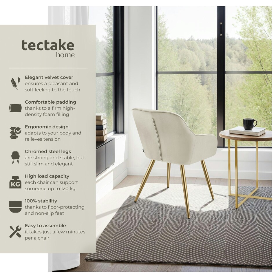 image 1 of Dining Chair Marilyn - quilted velvet, continuous backrest, gold steel legs - per piece Cream | Cream/Gold