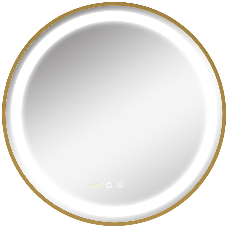 image 1 of kleankin Round Bathroom LED Mirror, Dimmable Lighted Wall-Mounted Mirror with 3 Temperature Colours, Time Display, Memory Function, Hardwired, Gold
