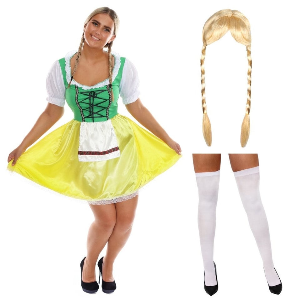 image 1 of Green & Yellow Bavarian Dress with Stockings & Plaits Green | M
