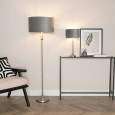 ValueLights Maggie Chrome Candlestick Floor Lamp with Grey Velvet & Chrome Inner Lamp Shade