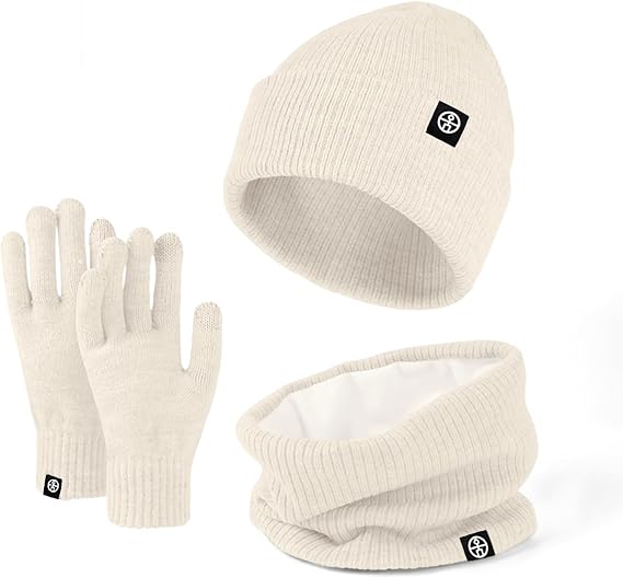 Winter Hat Scarf Gloves 3pcs Thermal Warm Knitted Beanie Cap Soft Fleece Brushed Inner Lining Elastic Circle Neck Warmer Thicken Touchscreen Gloves Wi