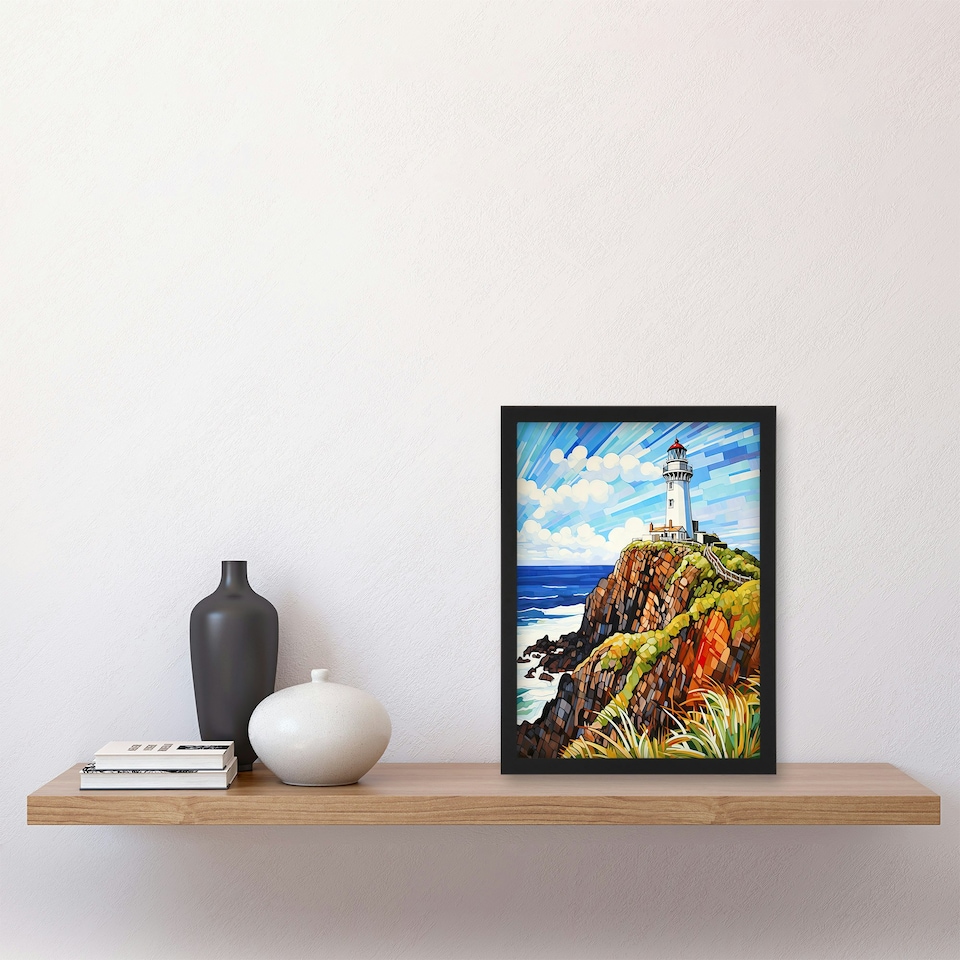 image 1 of Lighthouse on Cliff top Seaside Coastal Harbour Black Framed Wall Art Print A4