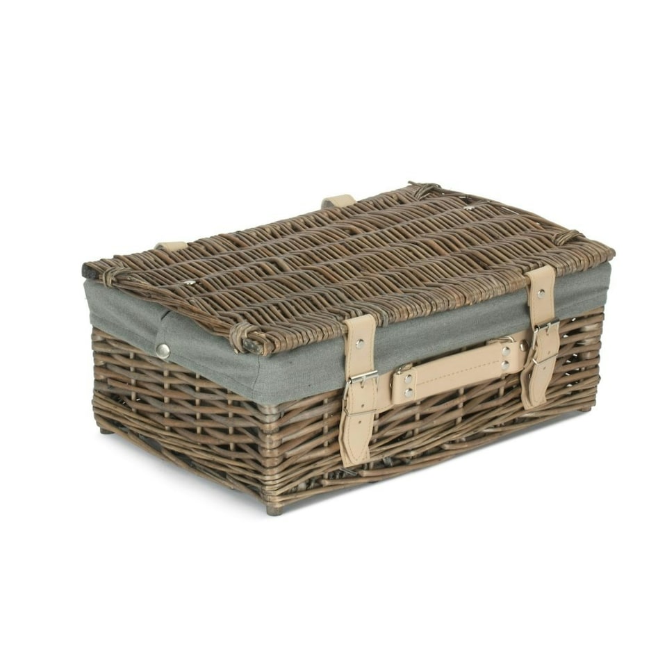 image 1 of 35cm Antique White Wash Split Willow Wicker Picnic Basket with Lining Grey | Grey | One Size