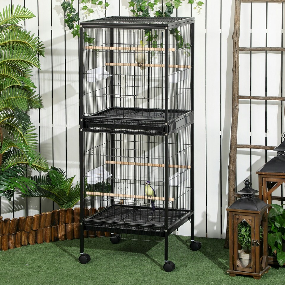 image 1 of PawHut 2 In 1 Large Bird Cage Aviary with Wheels, Slide-out Trays Wood Perches