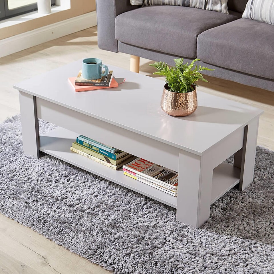 image 1 of Wooden Coffee Table With Lift Up Top Storage Area and Magazine Shelf | Grey