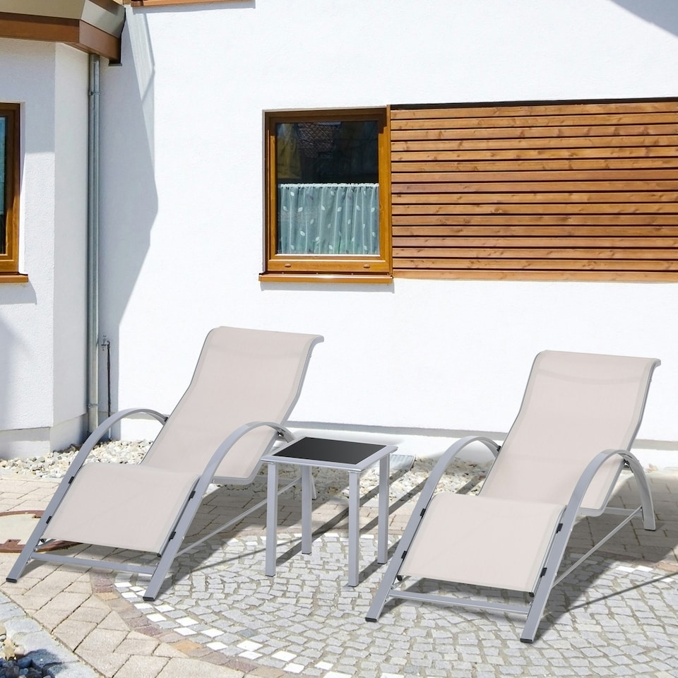 image 1 of Outsunny 3 Pieces Lounge Chair Set Garden Sunbathing Chair w/ Table Cream