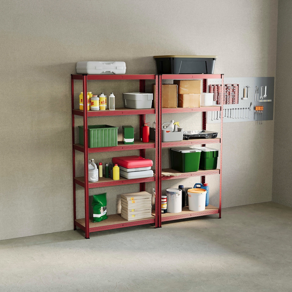 image 1 of Home Vida 5 Tier Heavy Duty Garage Shelves Adjustable Steel Shelving Storage Units - Holds Upto 875kg - Red - 2 Bays