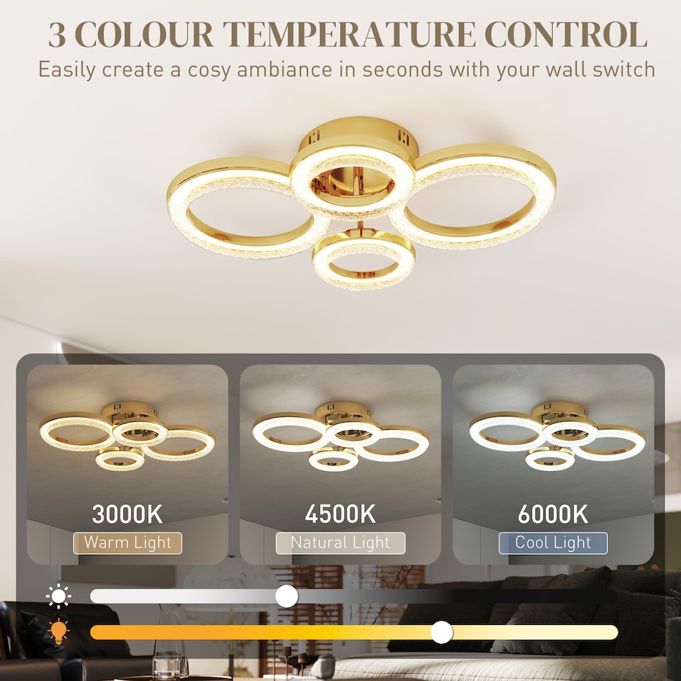 image 1 of HOMCOM LED Ceiling Light, Modern 4 Rings Ceiling Lamp with Wall Switch Control, 40W 4350lm Flush Mount Ceiling Light with 3500K/4500K/6000K Colour Temperatures for Living Room, Bedroom, Gold Tone | Gold
