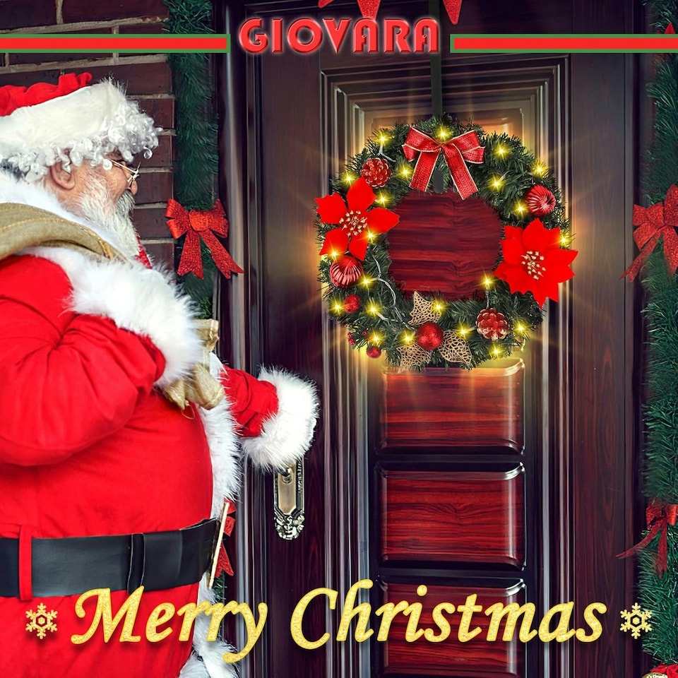 image 1 of Christmas Wreath with 30 LED Lights & Hanger - Artificial Pre-Lit Door Wreath for Front Door, Window, Fireplace & Holiday Home Decor