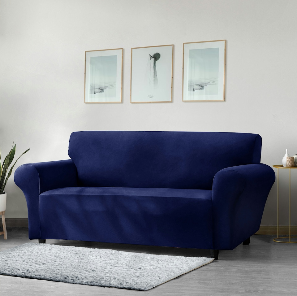 image 1 of Home Republic Mink Velvet Luxury Stretch Sofa Slip Cover - Three Seater | Blue | Navy | 1