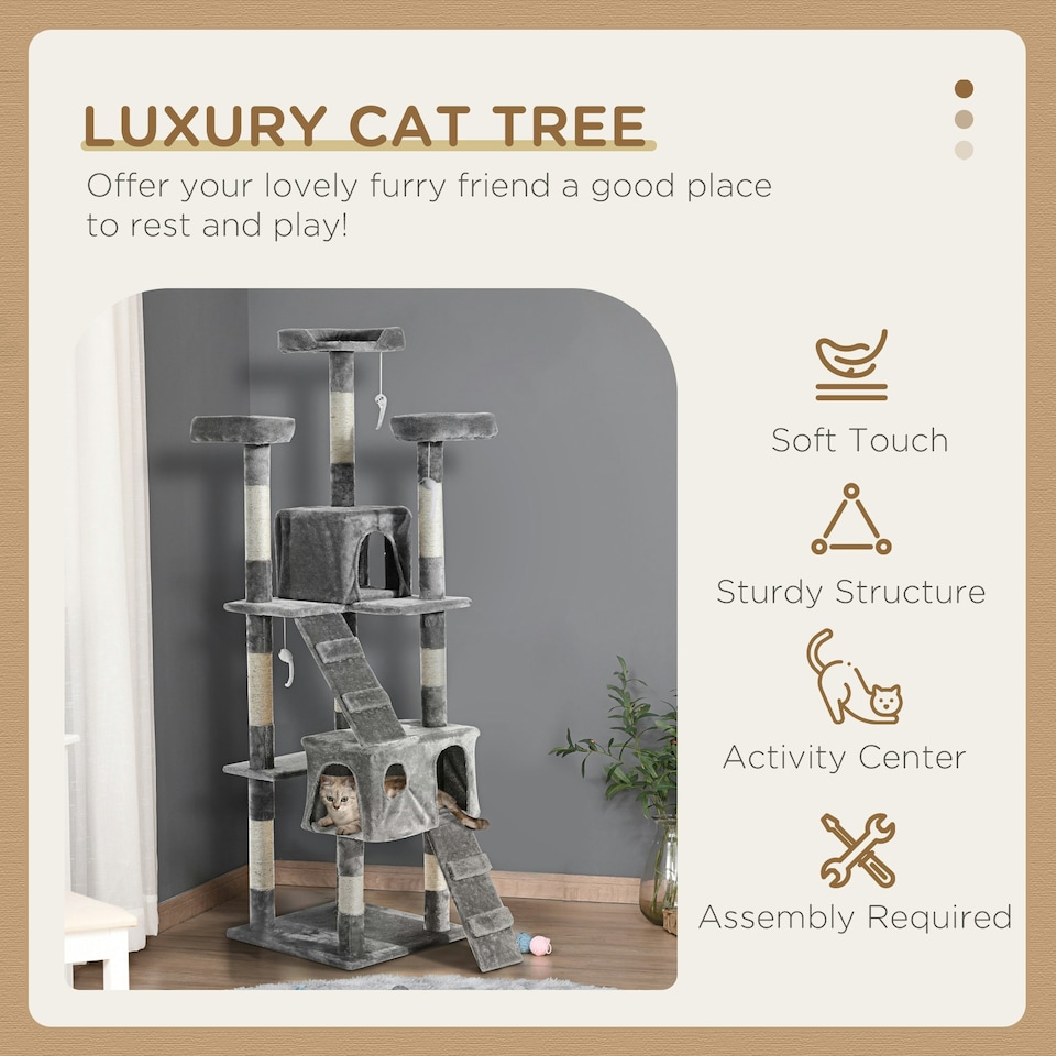 image 1 of PawHut 173cm Cat Tower Scratching Post Activity Centre for Indoor Grey