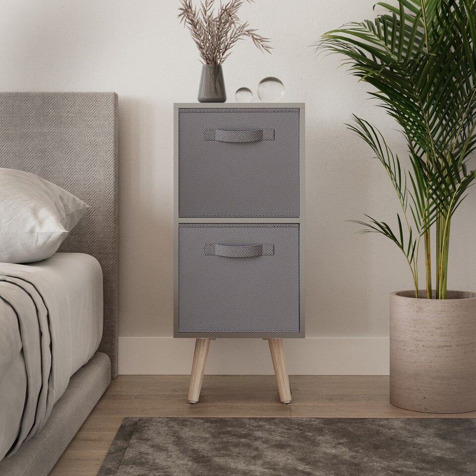 image 1 of Grey 2-Tier 2-Drawer Cube Shelving Unit with Scandinavian Legs | Grey | Grey & Pine | 1