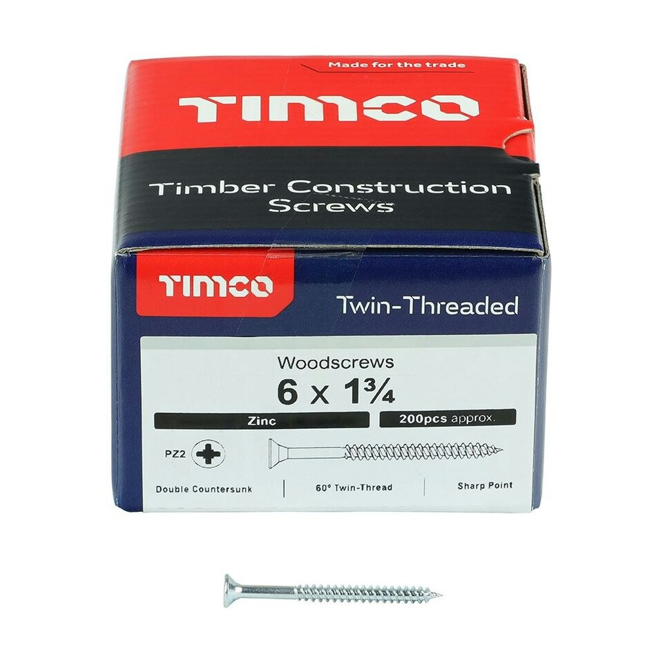 image 1 of Timco - Twin-Threaded Woodscrews - PZ - Double Countersunk - Zinc (Size 6 x 1 3/4 - 200 Pieces)