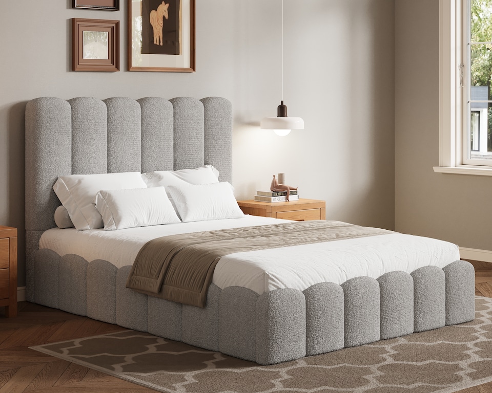 image 1 of Ezysleep Kingsley Boucle Soft Teddy Upholstered Gas Lift Ottoman Bed Frame | Grey | Silver
