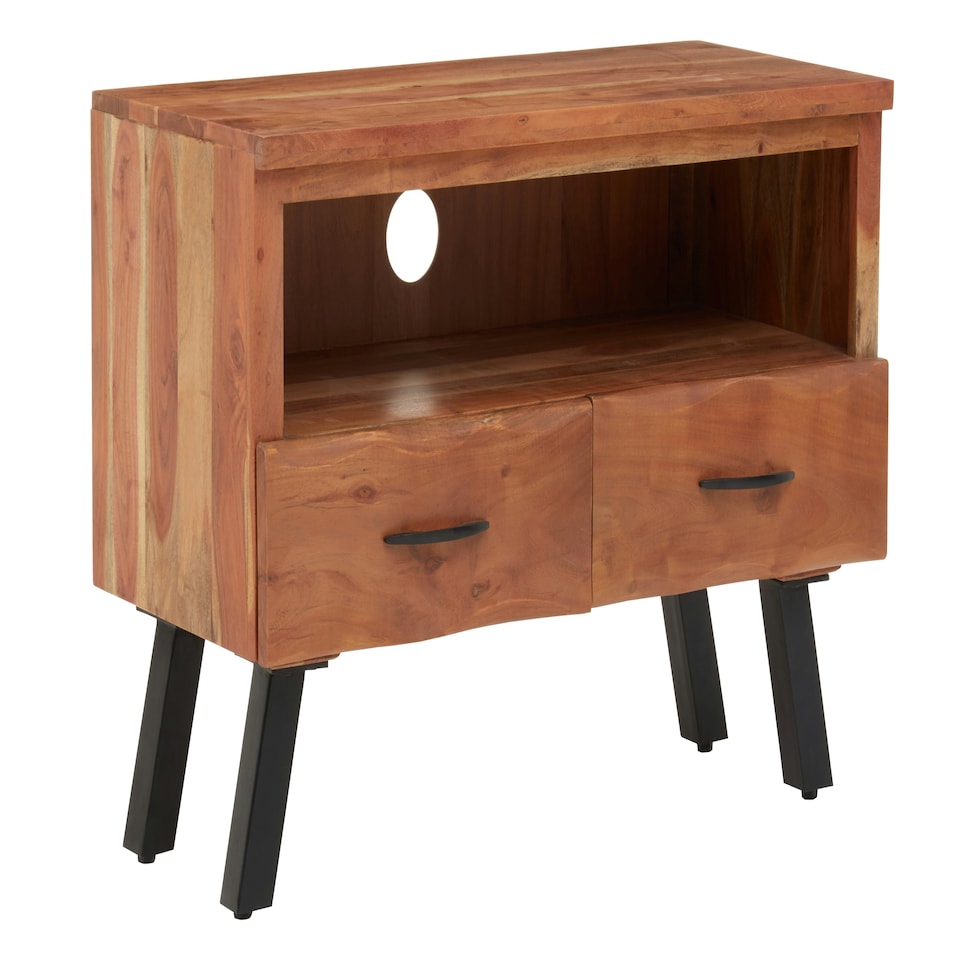 image 1 of Interiors by Premier Two‑Drawer Acacia Media Unit, Natural Acacia Wood TV Cabinet with Open Shelf, Iron Legs Media Console