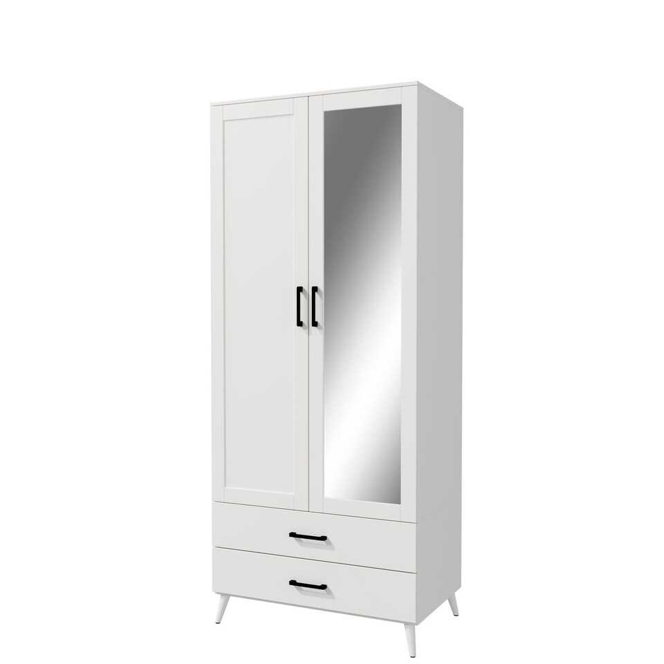 image 1 of 2-Door 2-Drawer Mirror Wardrobe with Legs | White | White & White | 55 x 9.5 x 149 | 1