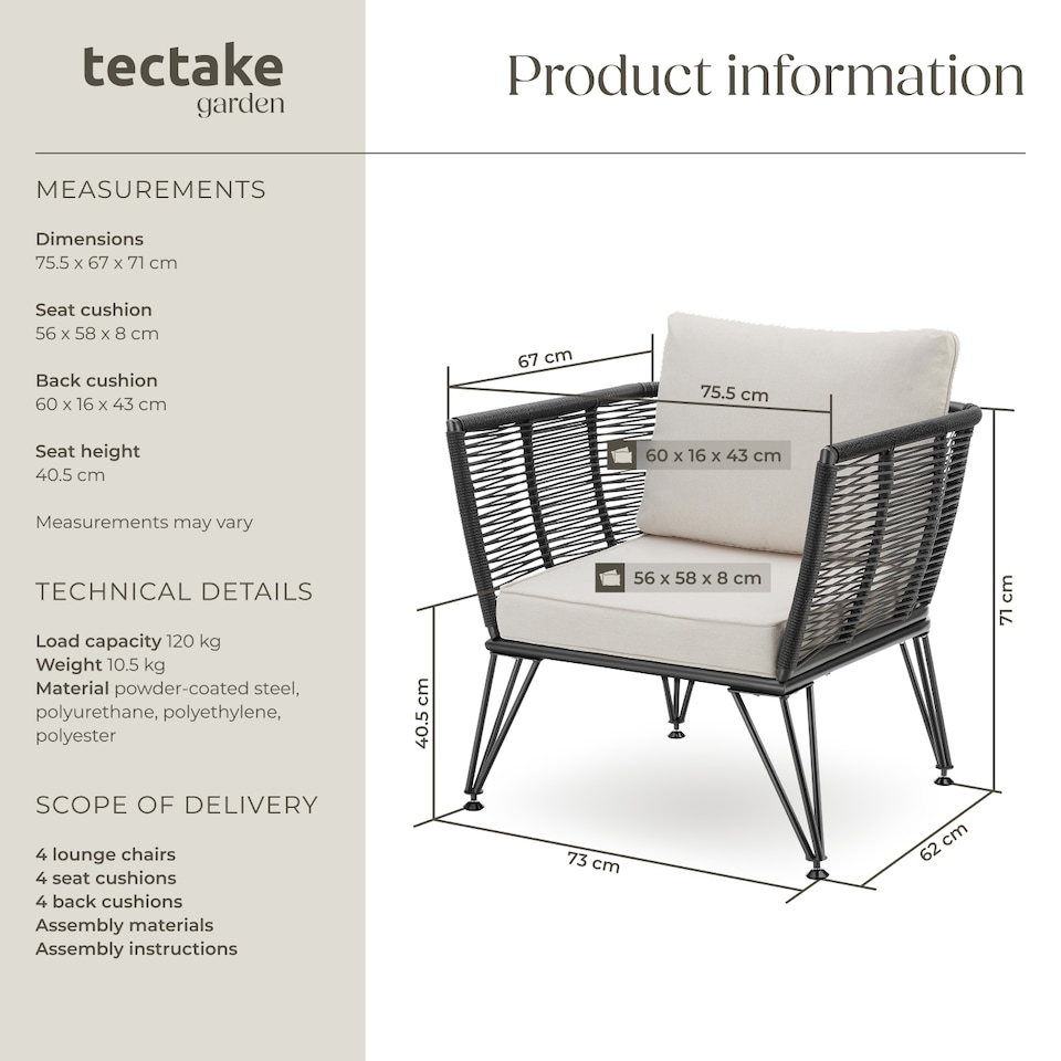 image 1 of Garden Chair Sundo - thick seat cushions, removable cushion covers | Grey | anthracite | 67 x 75,50 x 71 cm | 4