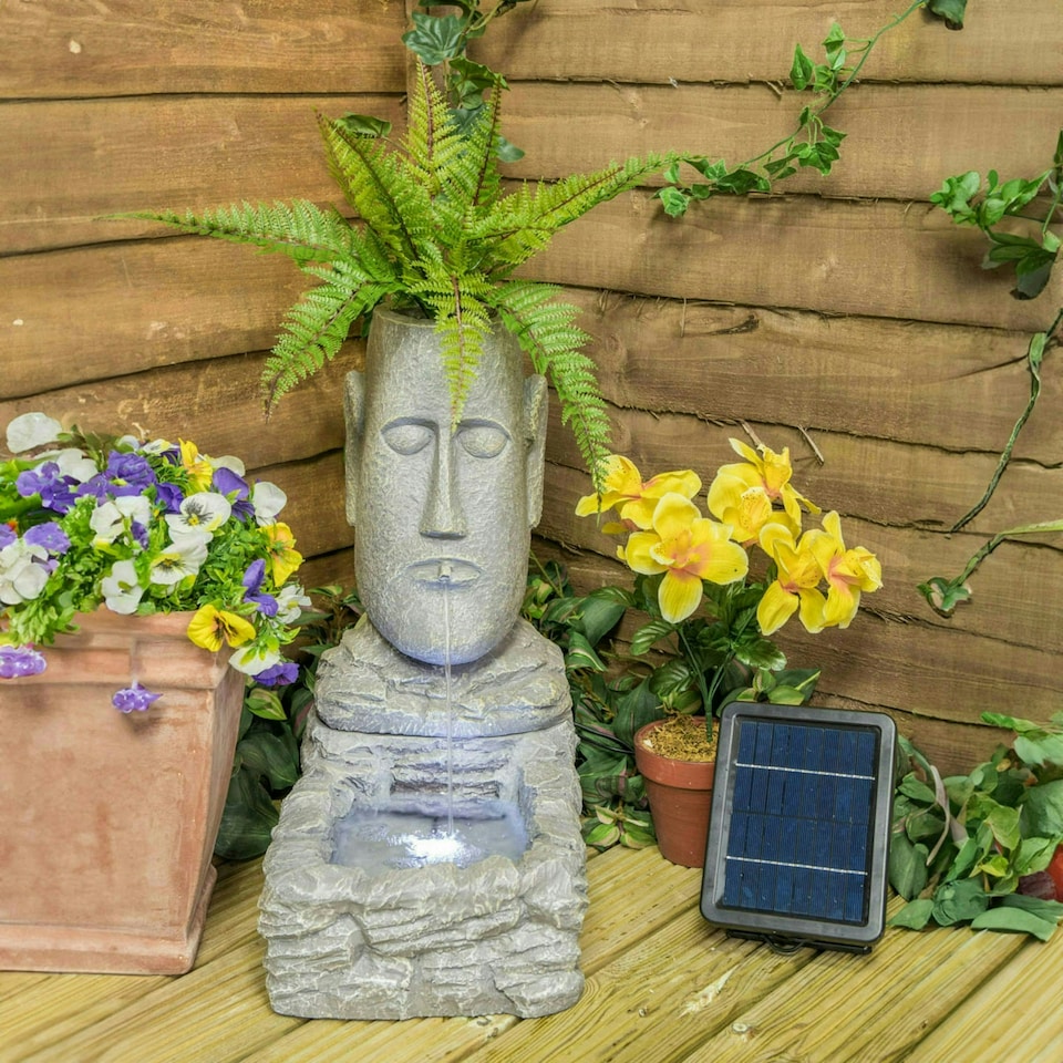 image 1 of Primrose Easter Island Head Solar Water Feature & Planter with LED Lights 50cm