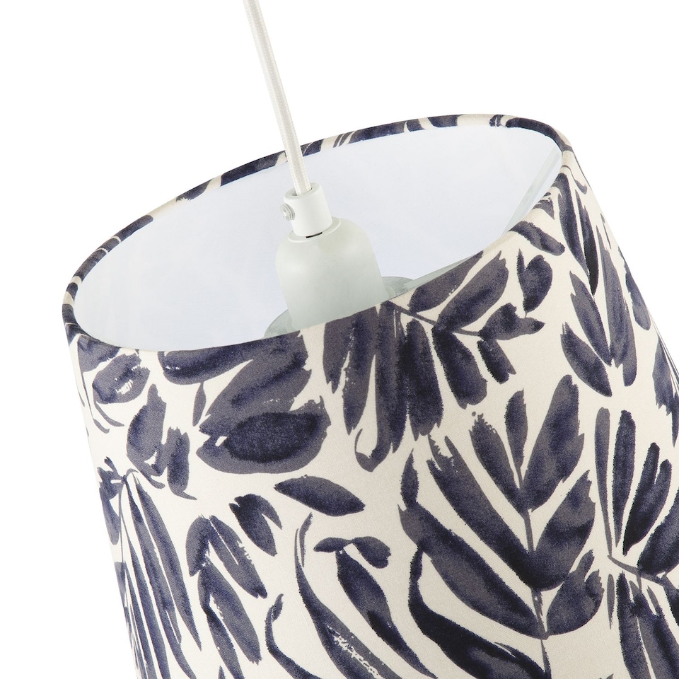 image 1 of Midnight Blue Palm Leaf Themed 25cm Drum Lampshade with Fabric Lining | Blue | Midnight Blue | 1