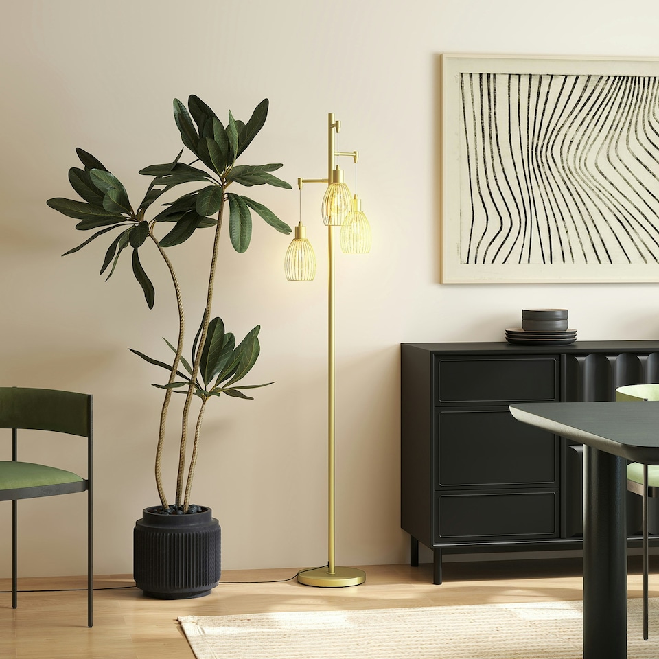 image 1 of HOMCOM Industrial 3-Light Floor Lamp Dimmable Standing Lamp, Gold