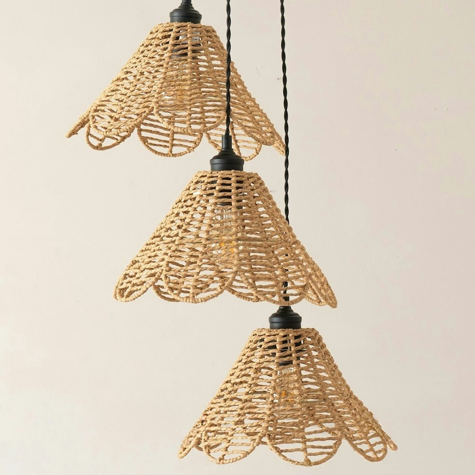 image 1 of ValueLights Vine Rattan Flower Shade 3 Drop Cluster Matte Black Ceiling Pendant Light Black