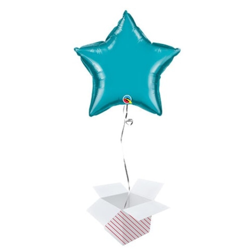 Turquoise Star Foil Helium Qualatex Balloon - Inflated Balloon in a Box