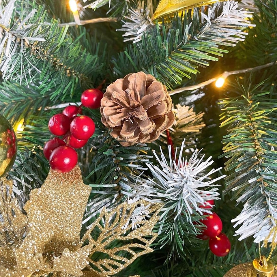 image 1 of Neo 2.1 m 7 ft Christmas Xmas Tree Flocked Snowy Effect Fake Pine Cone Red Berries Metal Stand Flocked Tips | Green